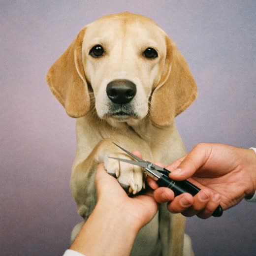 A dog's paw held in a groomer's hand for a nail trim