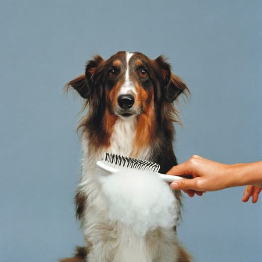 A long-coated dog being brushed out during a de-shedding treatment